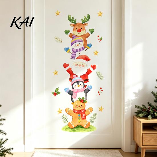Xmas Cabinet Stickers Watercolor Christmas Stack?Up Characters Wall Stickers, Removable Self?Adhesive Door Holiday Gift for Friends Sticker, Santa