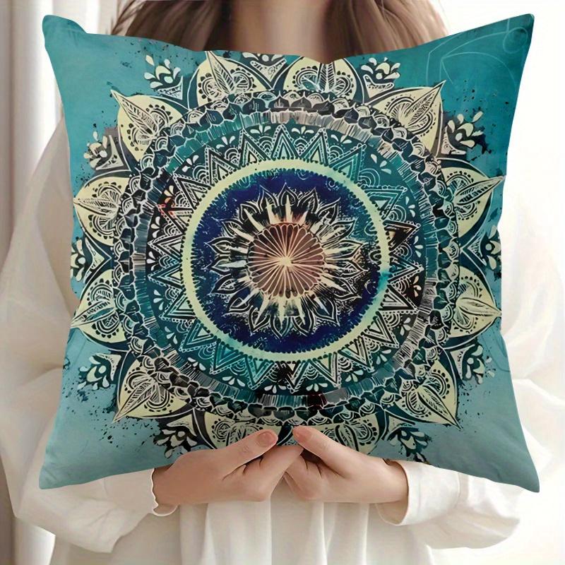Boho Mandala Pillow Cover Vintage Teal Geometric Flower Print Soft Throw Pillow Case For Outdoor Patio Home Sofa Decor Gift