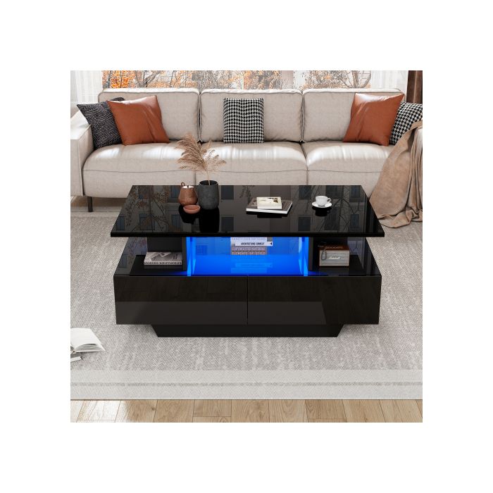 Konferenční stolek - MUVOE - Moderní - LED osvětlení - 2 zásuvky - Lesklý 90x55x41 cm