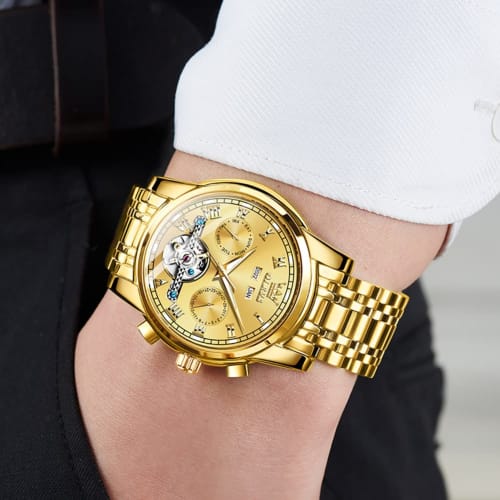 OLEVS Herre Gullklokke Stilig Automatisk Vanntett Dato Selvlysende Business Skjelett Armbåndsur Populært Merke