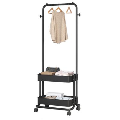 3-in-1 Garment Rack Shoe Rack Clothing Rack with 2 Tiers Basket and 2 Side Hooks Movable Storage
