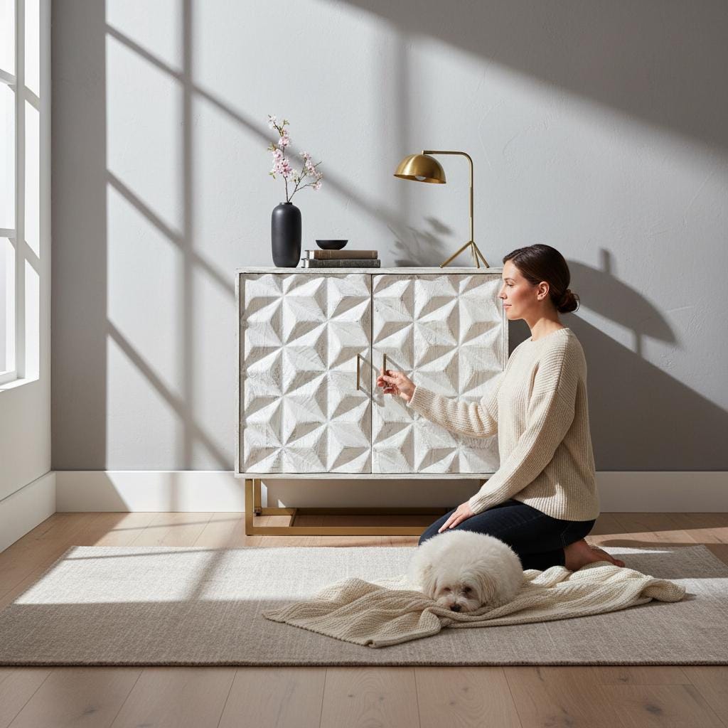 Modern White Wood Carved Cabinet Geometric Front, Brass Legs Accent Storage Sideboard, Entryway or Living Room Decor Furniture -Bedside