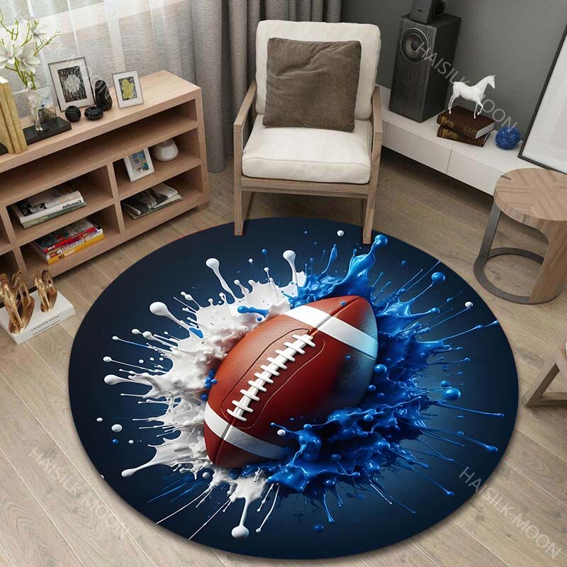 Multiple Sizes Football with Blue and White Liquid Print Round Carpet Living Room Bedroom Table Chair Sofa Decorative Carpet