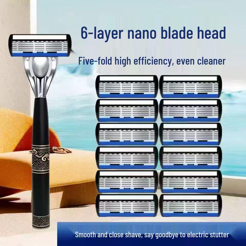 German Precision 6-Blade Men's Manual Razor - Anti-Scratch, Old-Fashioned Design