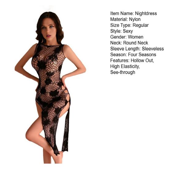 Cămașă de noapte pentru sex pentru femei, scobită, plasă transparentă, fără mâneci, plasture florale, elasticitate ridicată, subțire