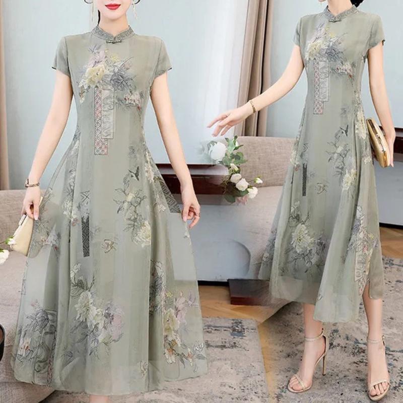 Women Cheongsam Dress Short Sleeves Stand Collar Long Skirt Chinese Style High Waist A-line Skirt