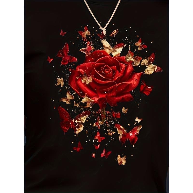 Womens Red Rose Butterfly Print Round Neck Short Sleeve T Shirt Polyester Breathable Comfort Machine Washable Short Length Casual Office Spring