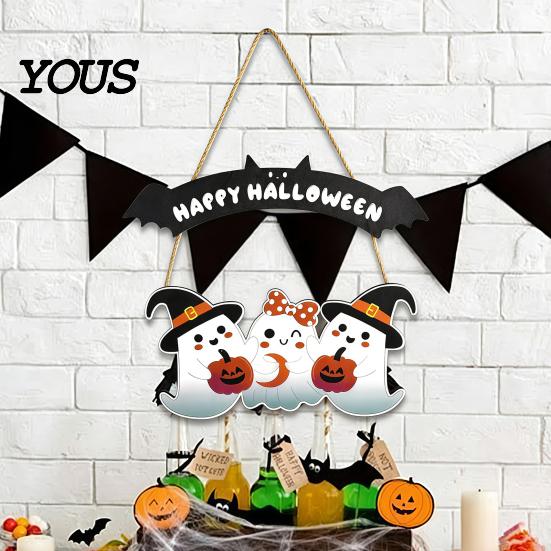 Halloween Hanging Sign Happy Ghost Door Sign, Wooden Three Wall Plaque Hanger, Front Party Supplies Wood with Natural Rope