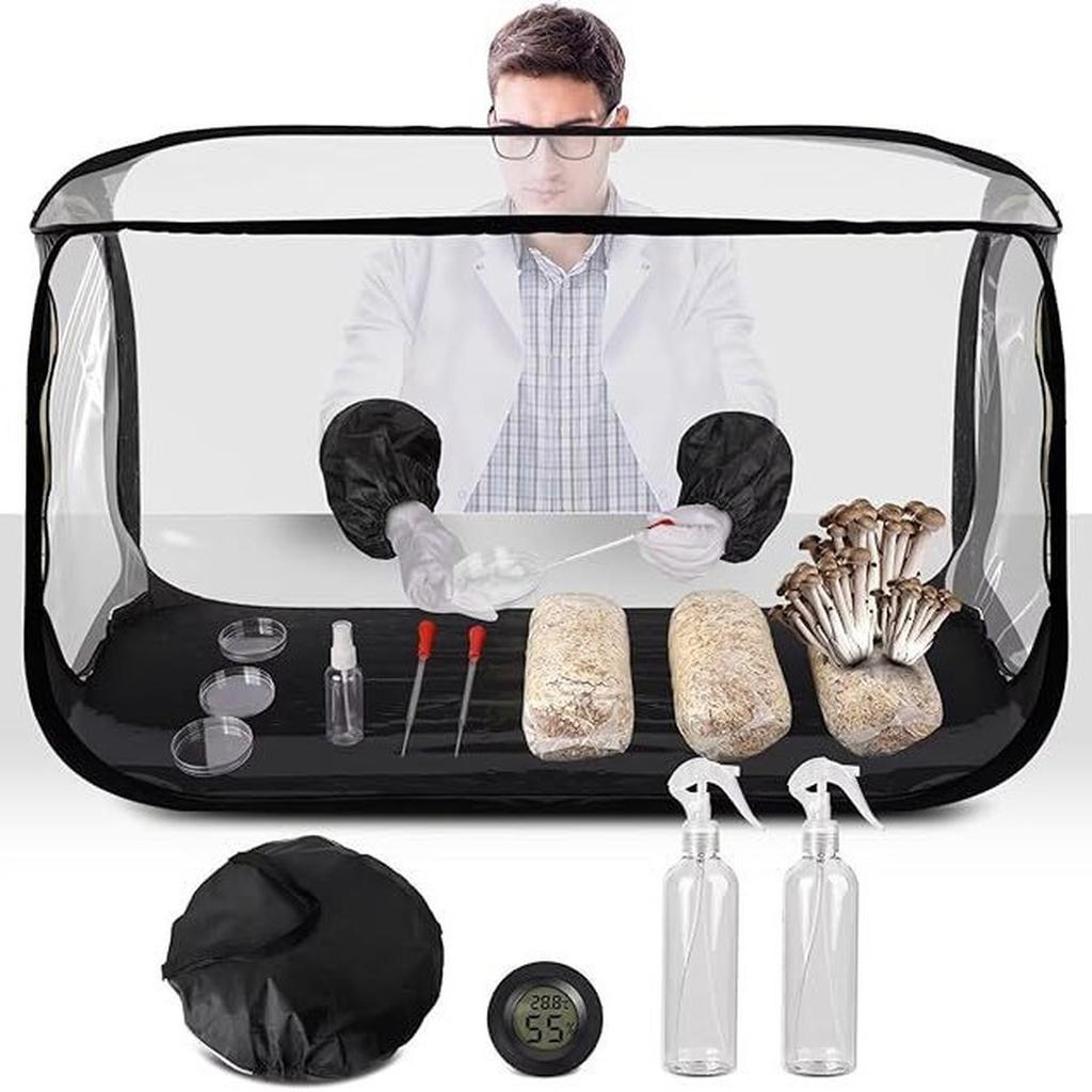Tenda Statica per Coltivazione Funghi 38x20x25 Pollici Stazione di Lavoro ad Aria Pulita con Guanti e Copertura in Rete Trasparente per Coltivazione