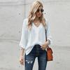 Women's V Neck Three Quarter Sleeve Blouse Loose Fit Office Solid Color High Low Hem Shirt Casual Work Top For Autumn Daily Wear