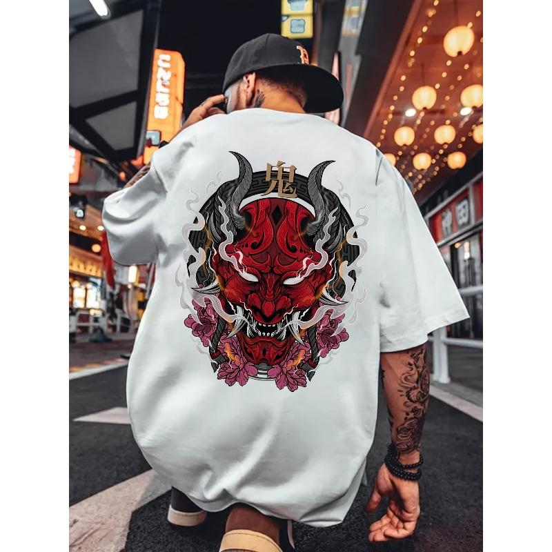 Men's Casual Graphic Print Short Sleeve T-Shirt,Regular Fit Summer Streetwear Top, Street Style Shirt, Stylized Face Design, Striking Contrast Design