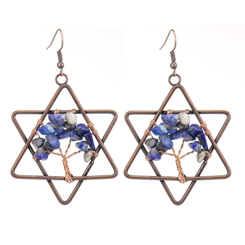 Handmade Vintage Wire-Wrapped Natural Stone Crystal Tree of Life Hexagram Dangle Earrings