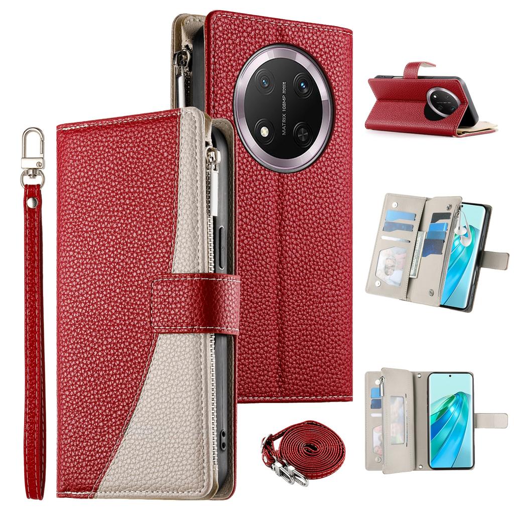 For Honor X9c 5G Case Zipper Wallet Color Splicing Leather Flip Phone Cover with Straps