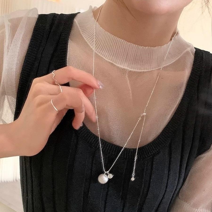 Minimalist wind brushed silver ball can pull necklace long niche design personalized versatile sweater chain neck chain