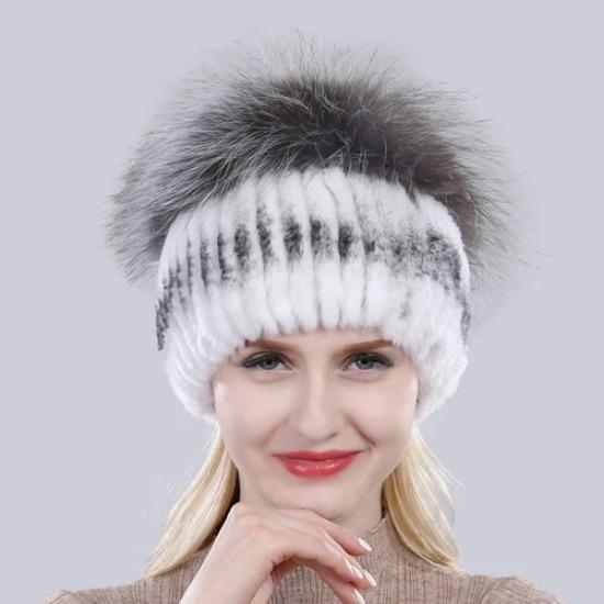 New Outdoor Good Elastic Natural Rex Rabbit Fur Hat Women Winter Knitted Real Sliver Fox Fur Cap Lady Real Fur Hats