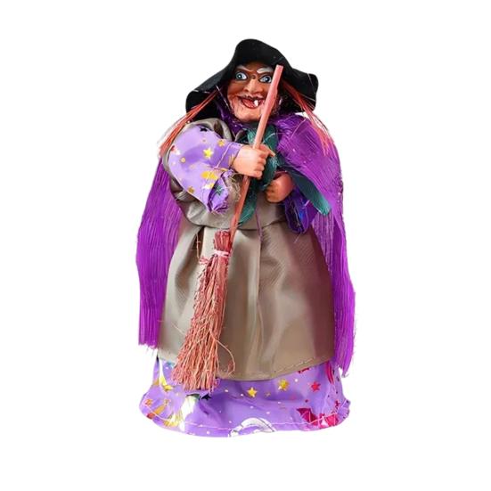 Halloween Witch Doll Decoration Spooky Witch Statue with Broomstick for Home Living Room Fireplace Mantel End Table Desktop Decor