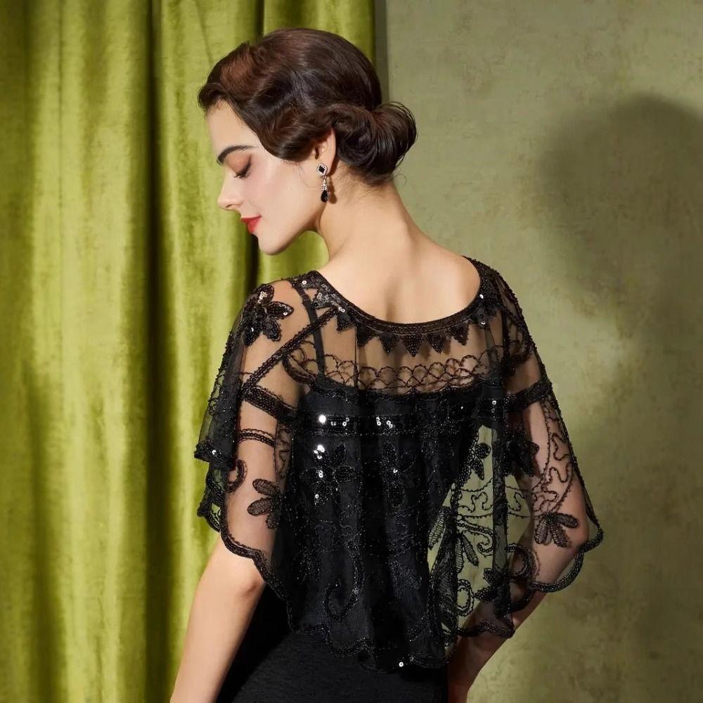 Bling Bling Sequins Poncho Coat Retro Flapper Shawl Dress Decorative Shoulder