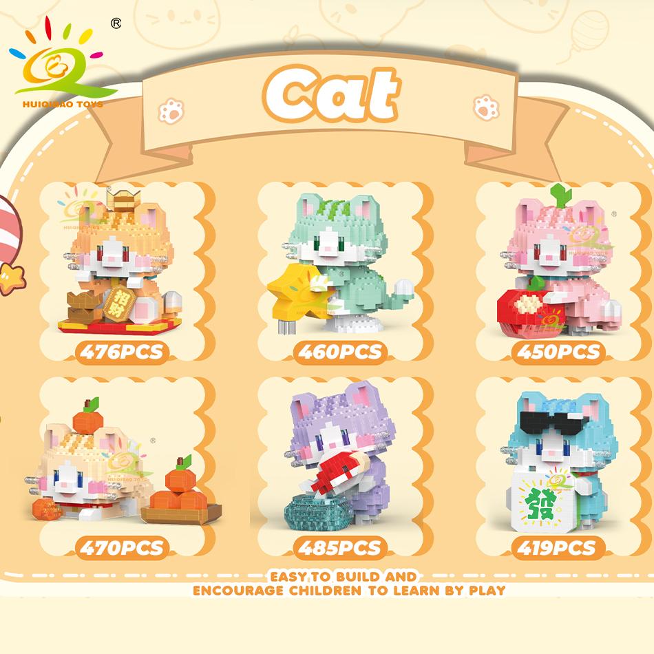 Huiqibao Cute Fortune Cat Micro Model Building Block Kids Mini Pets City Cartoon Animal Diamond Bricks Educational Toys Adult
