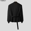 INCERUN Men Long Sleeve Patchwork See Through Mesh Bandage Waist Party Tops Shirts