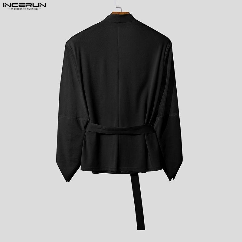 INCERUN Men Long Sleeve Patchwork See Through Mesh Bandage Waist Party Tops Shirts
