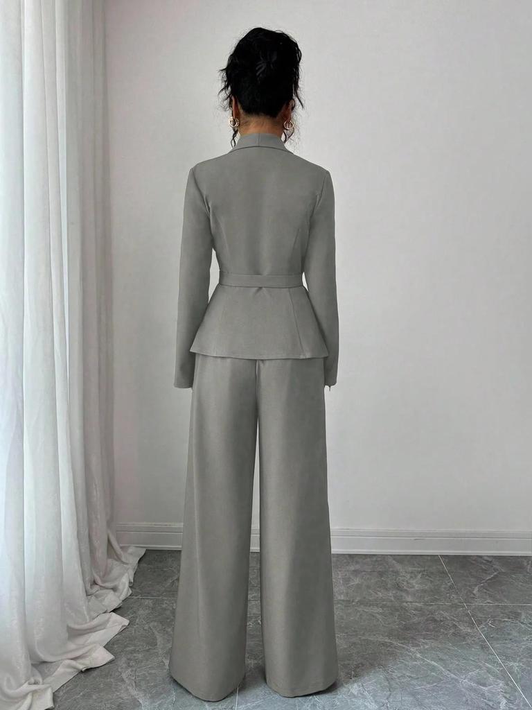 Women's European & American Spring/Autumn Fashion V-Neck Long Suit with Wide-Leg Pants Set