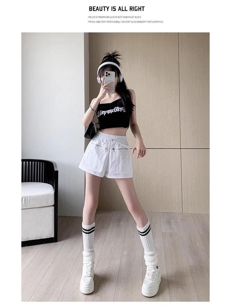 Women's High-Waisted Wide-Leg Casual Pants with Elastic Waist and Zippered Pocket - Summer Thin and Breathable Fabric.