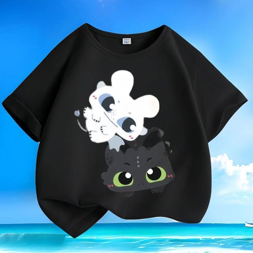 T-shirt Estiva Nuova con Stampa Dragon Trainer per Bambini, Stile Girocollo, Vestibilità Larga, Traspirante