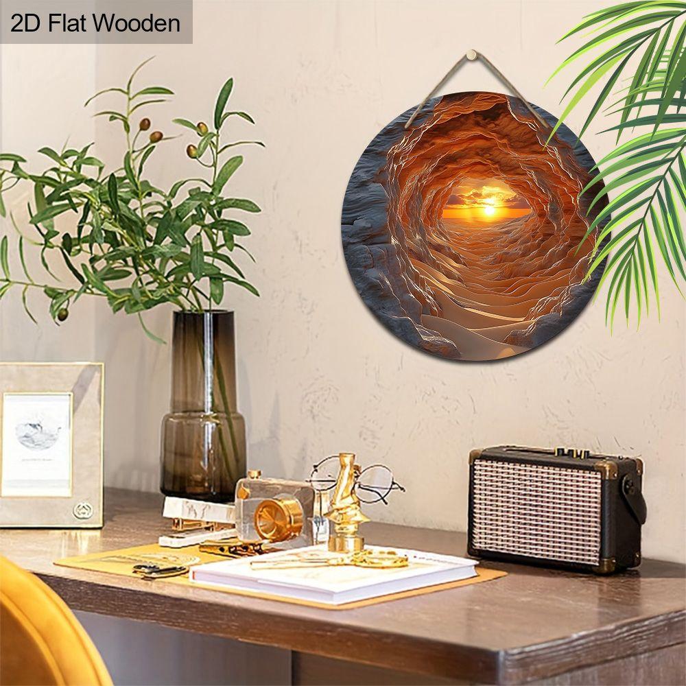 Cave View Desert Sunset Round Wooden Hanging Sign, 2D Flat Printed Nature Landscape Wall Door Ornament, Scenic Home Decor Gift