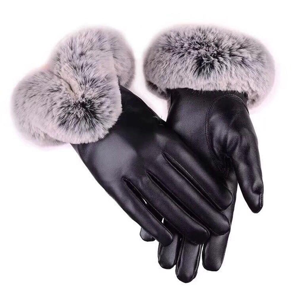 Women Winter Gloves Faux Rabbit Fur PU Leather Touch Screen Mittens Lady Female Outdoor Driving Warm Gloves
