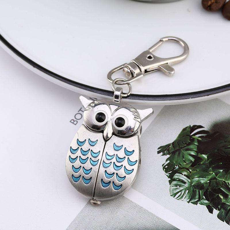 New Fashion Cute Flip Style Small Owl Necklace Hanging Watch Keychain Cartoon Pocket Watch On Chain Pendant Birthday Gifts
