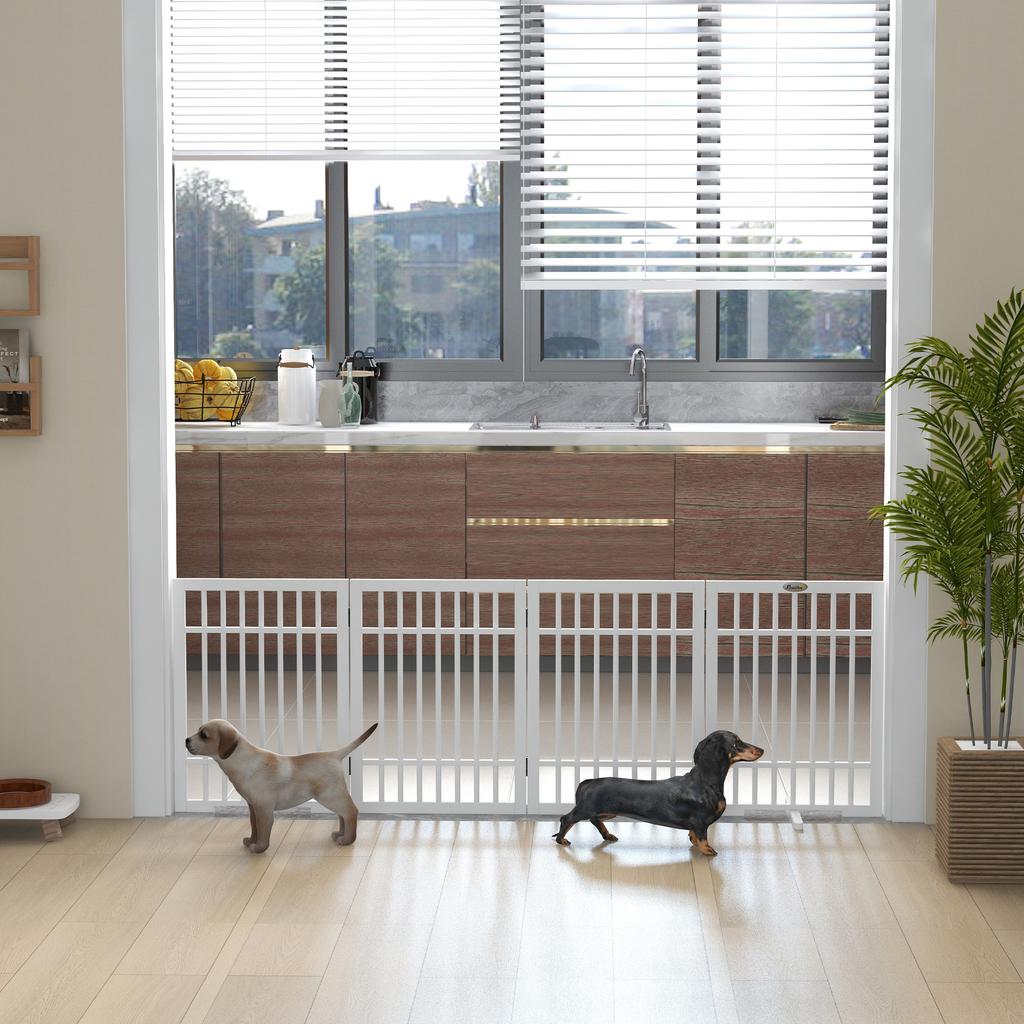Dog Gate, Foldable and Non-Slip, Swiveling Support Feet, Wood Frame, 183x24.5x61 Cm, White