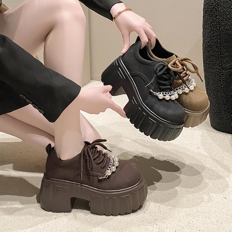 8.5CM Women Suede Leather Platform Sneakers Spring Wedge Heels Chunky Shoes Pumps Woman Lace-Up Thick Sole Casual Walking Shoes