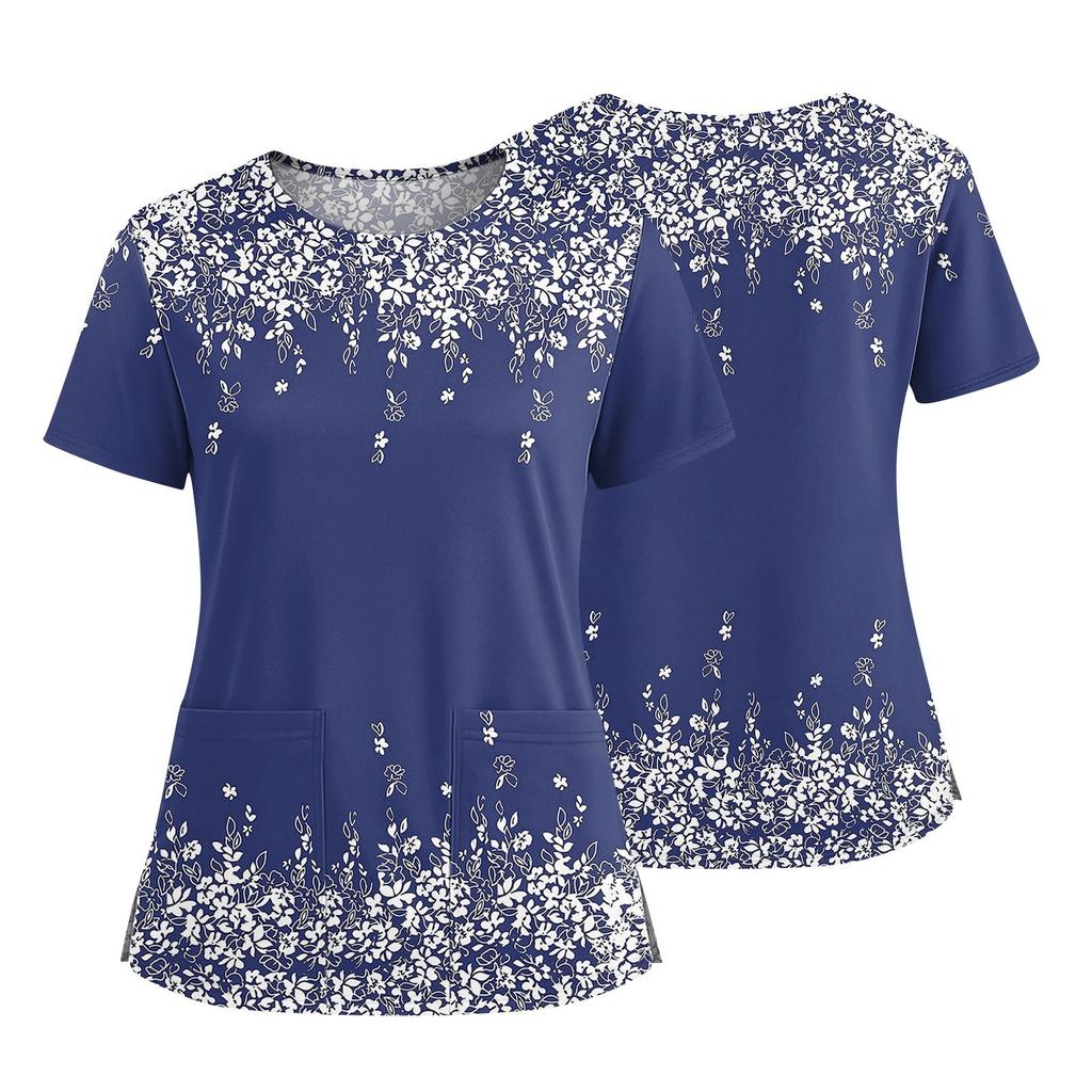 Women's Fashionable Printed Round Neck Pocket Short Sleeved Shirt With Slit Hem Uniform And Worker's Top