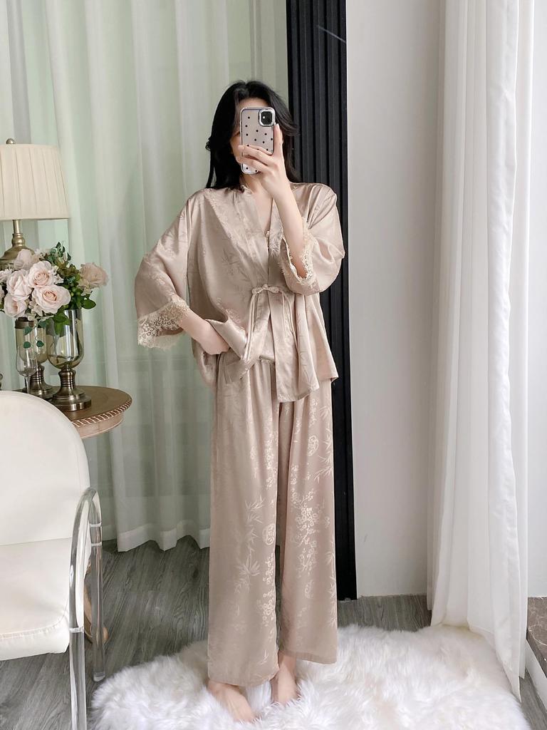 Women's Summer Ice Silk Camisole & Long Pants 3-Piece Set with Chest Pads - Light Luxury Homewear