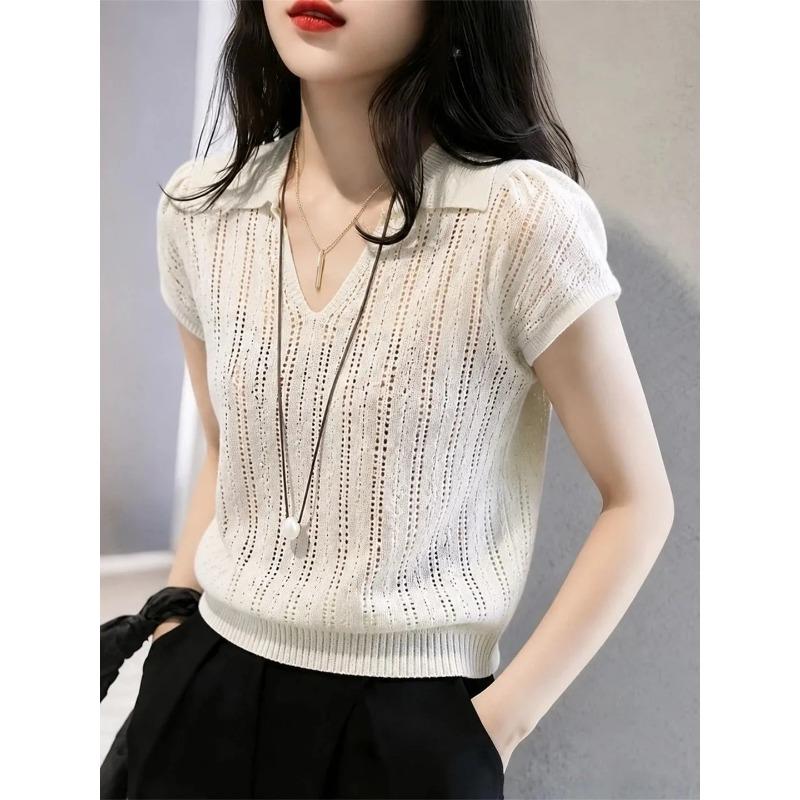 Women's White Hollow-Out Knit Polo Collar Short Sleeve Top