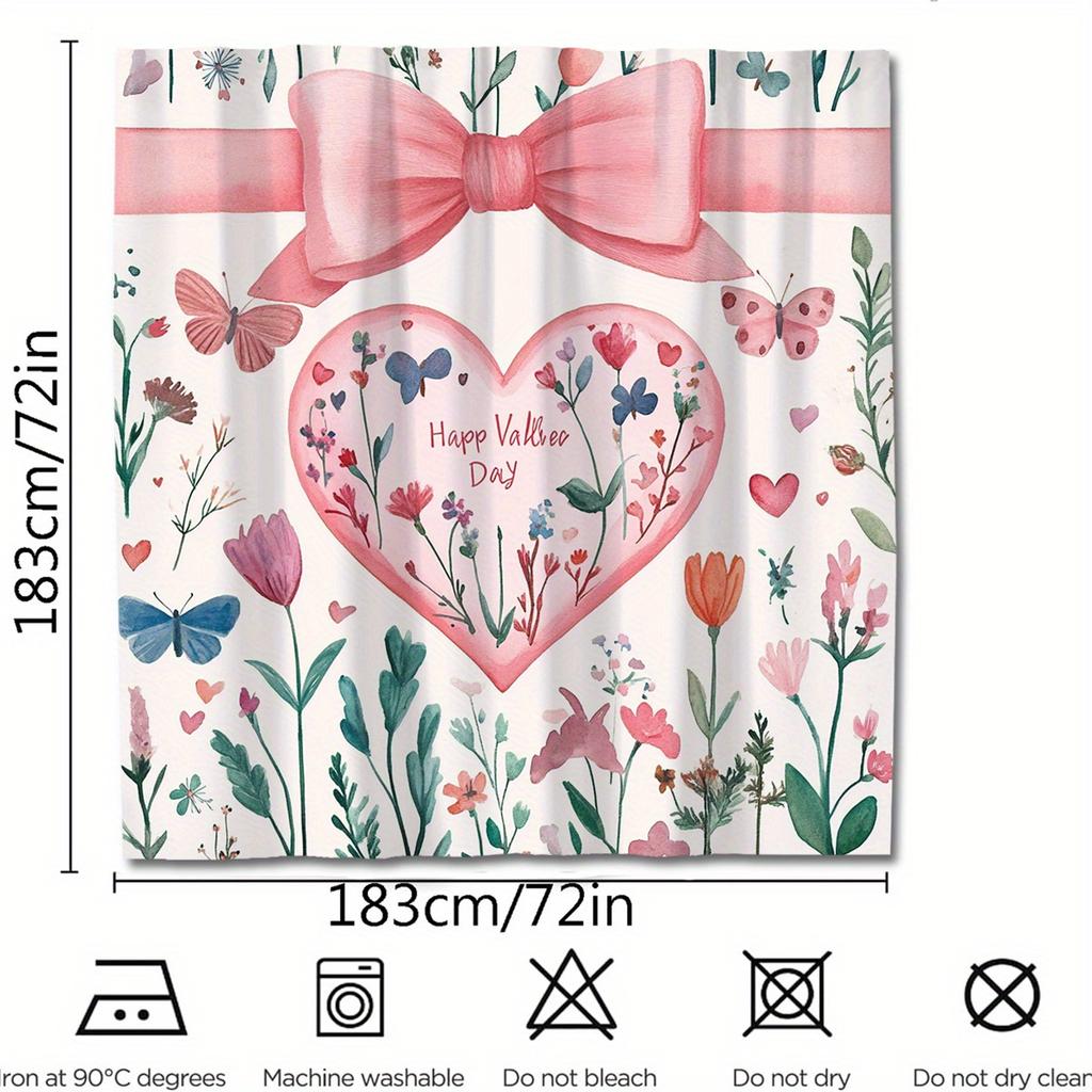 1 Valentine's Day Shower Curtain - Polyester Bathroom Decor with Floral Heart and Butterfly Pattern, Perfect for All Seasons