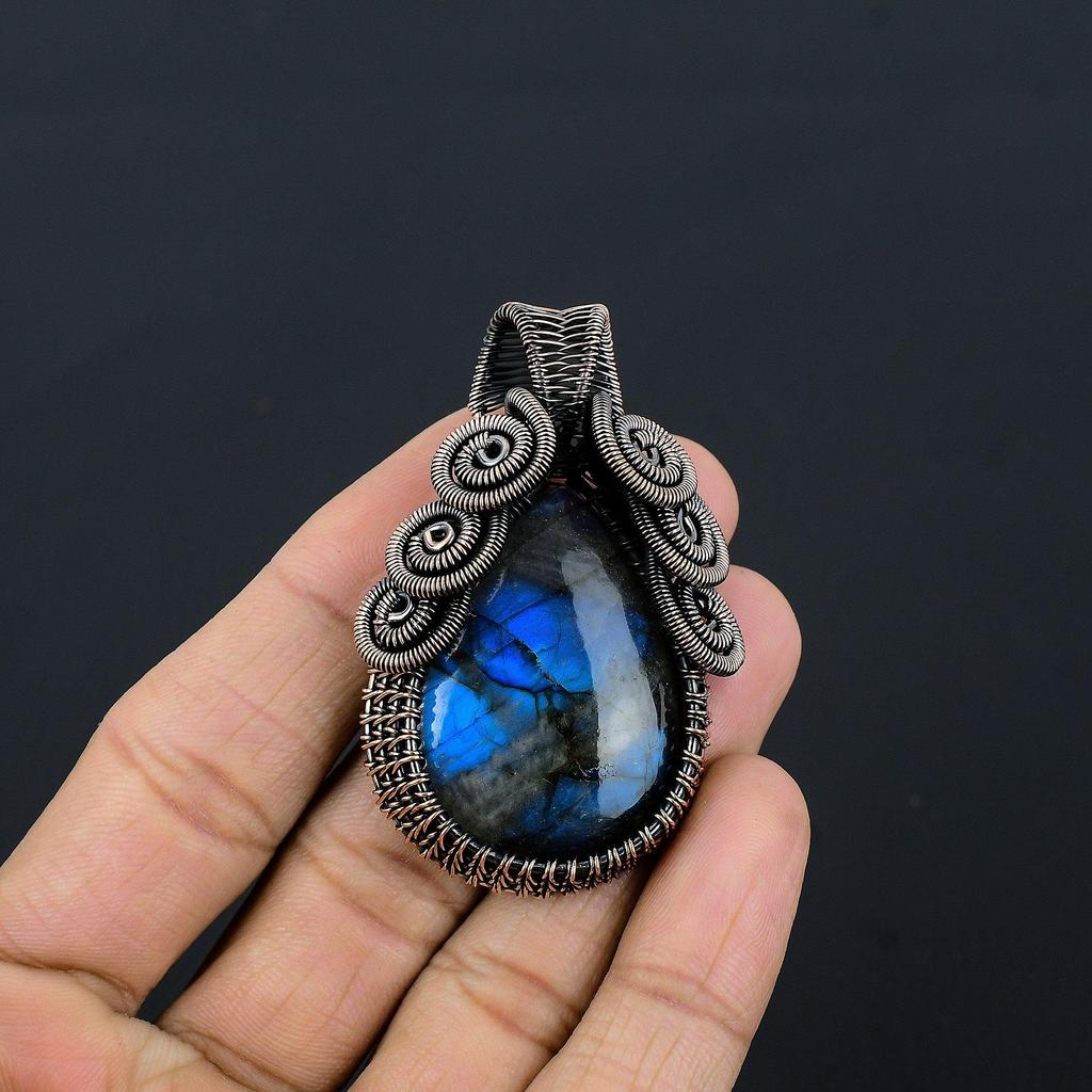Blue Flash Labradorite Handmade Pendant, Natural Gemstone Jewelry, 999 Copper Wire Wrapped Pendant Jewelry, For Gift