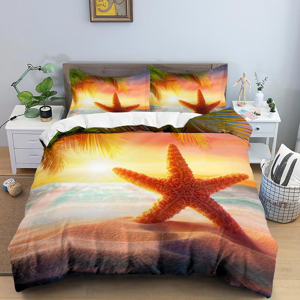 Blue Ocean King Queen Duvet Cover Cartoon Starfish Shell Bedding Set For Kid Teens Adults Sea Beach 2/3pcs Polyester Quilt Cover