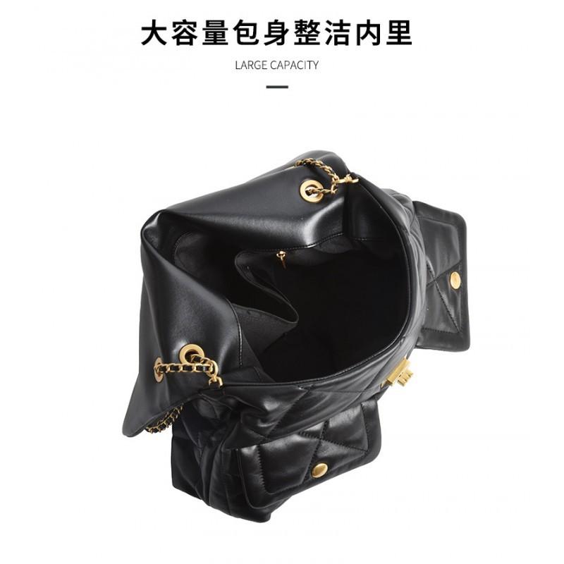 Xiaoxiang Layer Cowhide Grid High-end Chain Bag Women's Doubles Pocket Large Capacity Versatile Single Shoulder Tote