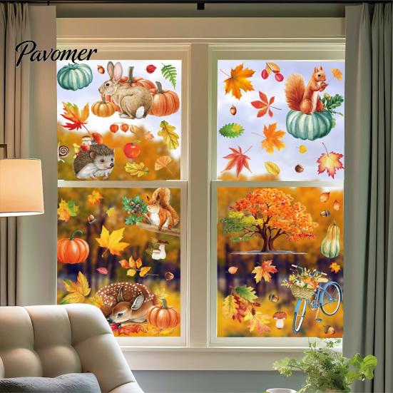 Maple Leaf Window Stickers for Home 9PCS Autumn Forest Animal Clings, Thanksgiving Pumpkin Stickers, Clings Kids Removable Decals Coffee Shop
