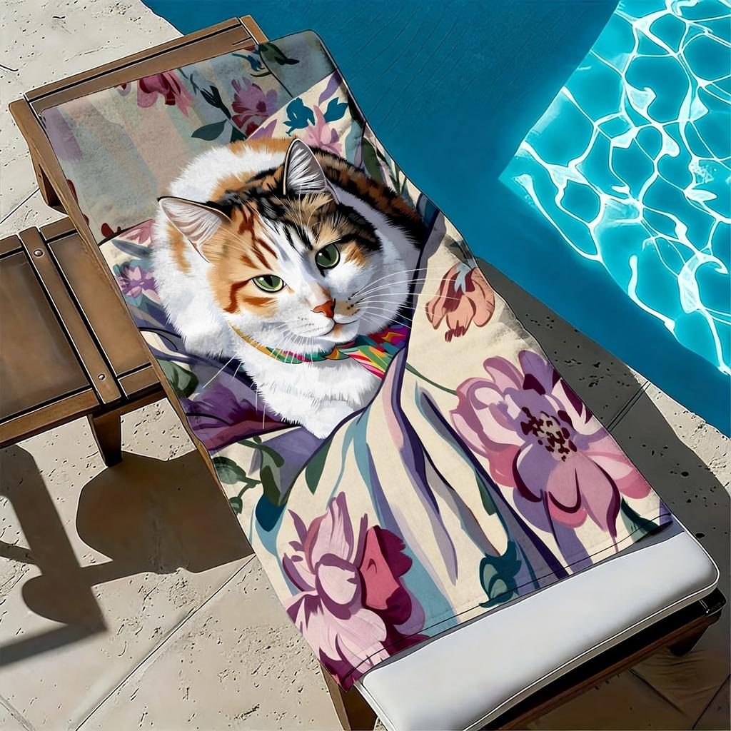 Lazy Cat with Colorful Floral Pattern Polyester Microfiber Beach Towel Is Highly Absorbent, Suitable Swimming and Beach Outings
