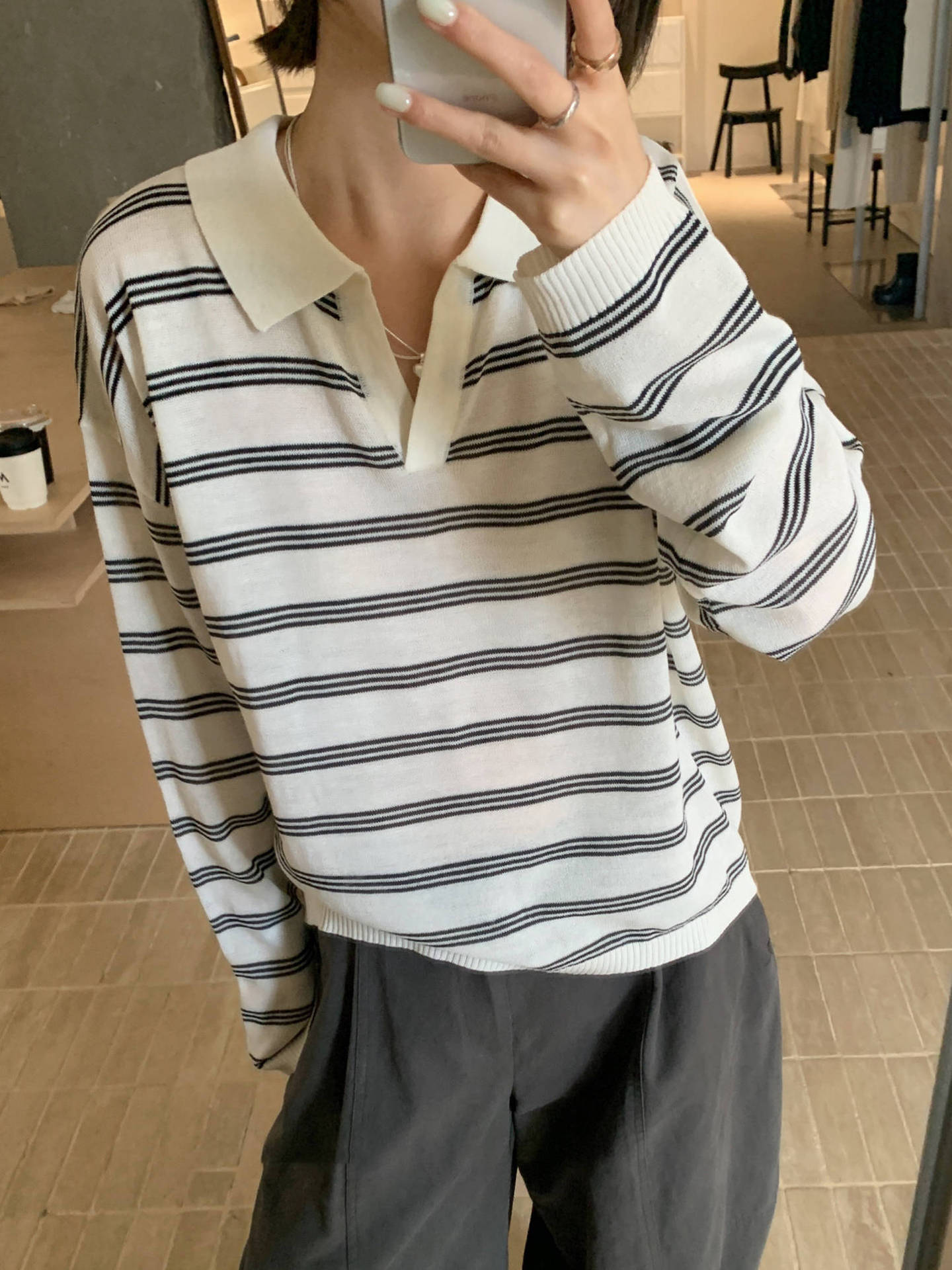 

Vintage lazy wind polo collar loose striped knitted sweater women s spring and autumn new casual long-sleeved top S