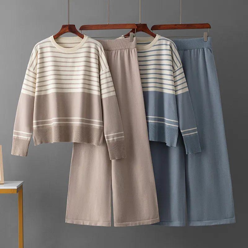 Cross-Border Amazon Autumn and Winter New Foreign Trade Stripe Knit Two Piece Round Neck Sweater Loose Casual Fashion Pants