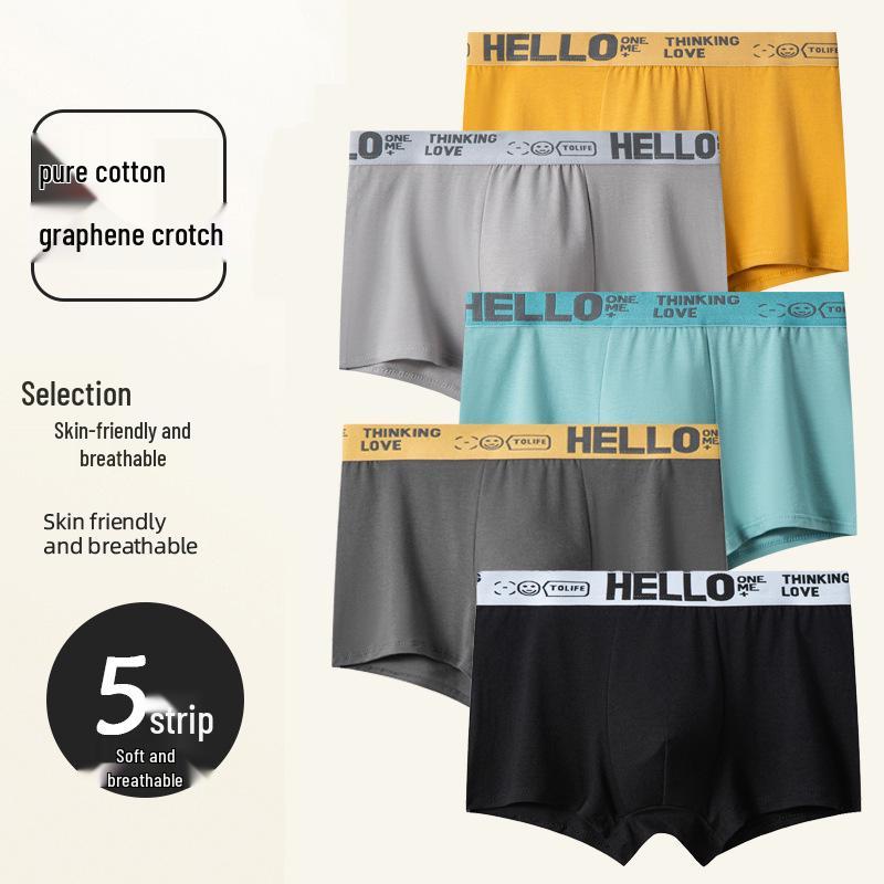 Pánské spodní prádlo ze 100% čisté bavlny se středně vysokým pasem s pasovkou HELLO a grafénovým klínem - Prodyšná jednobarevná varianta na podzim