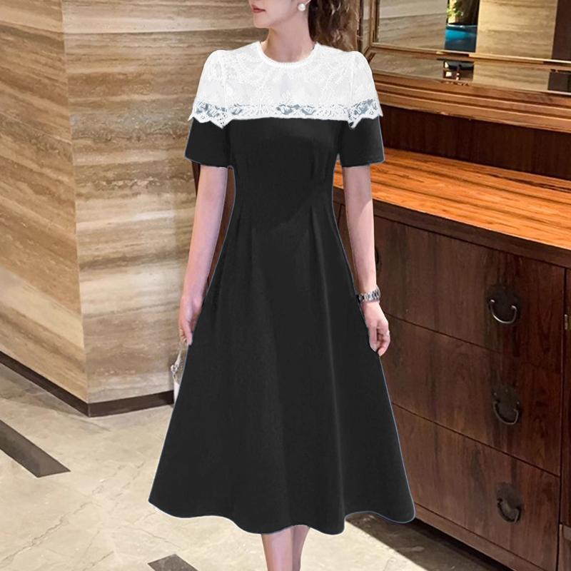 

ZANZEA Женское повседневное платье с кружевной вставкой, круглым вырезом и короткими рукавами S чёрный