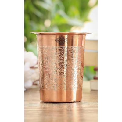 Pure Copper Full Embossed Design Glass Tumbler Cup with Lid, Drinking Serving Water, Yoga Ayurveda, Volume-300 ML (Pack of 1)