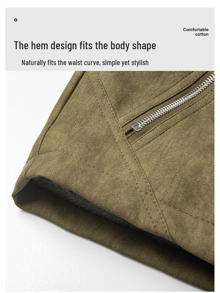 Di Yu Shen Long Men's Trendy Winter Loose Color Block Fleece-Lined Leather Jacket