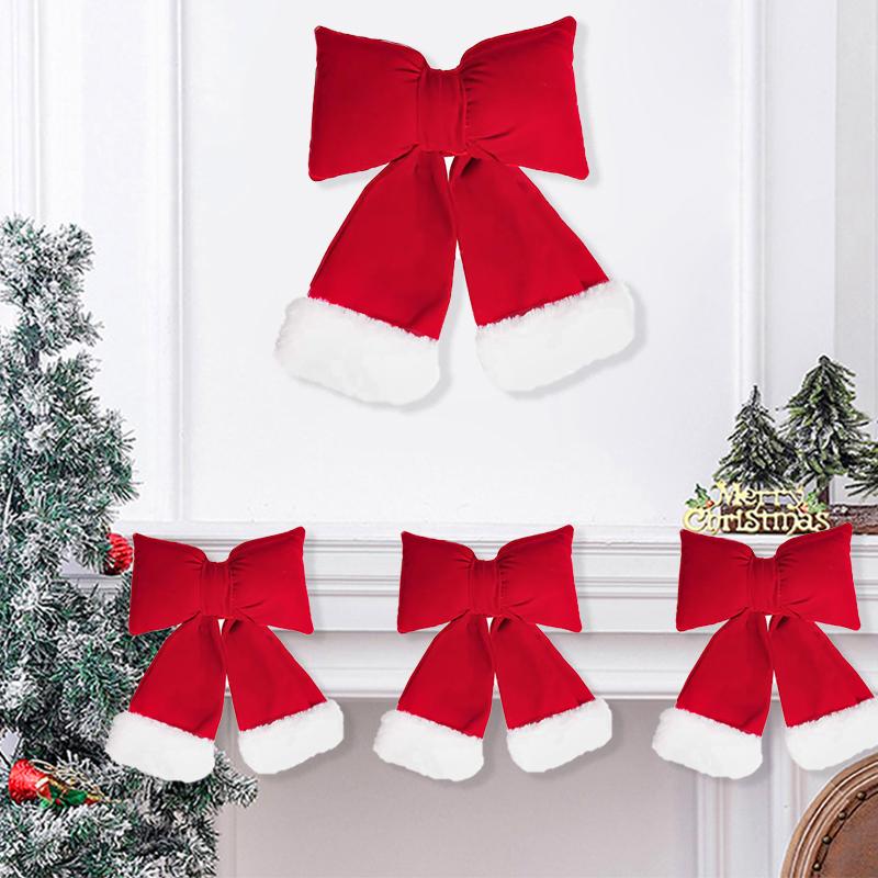 1PC Cotton Padded Bows Home Decor Flannel Christmas Velvet Bow Decoration Thanksgiving With White Fur Trim Holiday Decor 3 Sizes