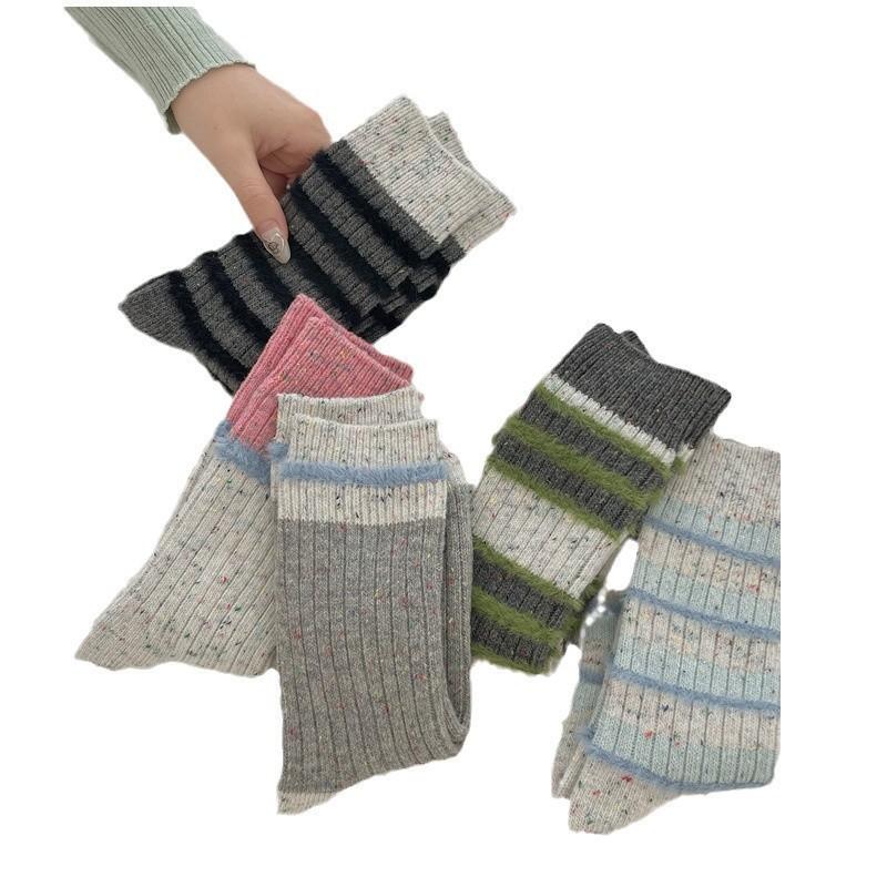 Striped Wool Socks Mid-Leg Socks Are Thickened And Fleece Warm Plush Dot Yarn Cashmere Long Stack Socks
