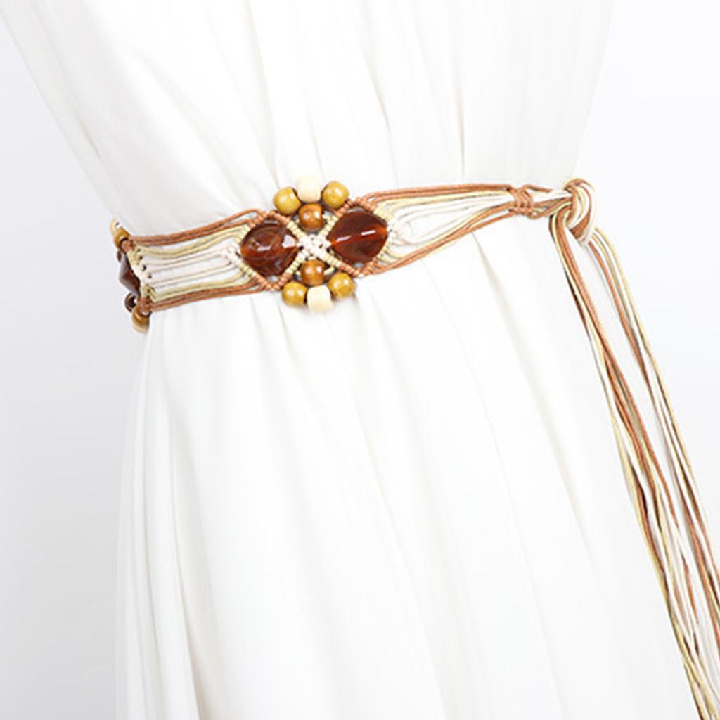 Womens Bohemian Style Rope Braid Waist Belt Wooden Bead Waist Rope Waist Chain Braided Tassels Belt for Dress